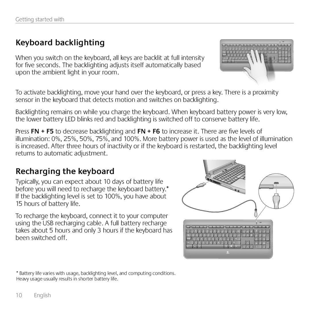 Logitech K800 manual Keyboard backlighting, Recharging the keyboard 