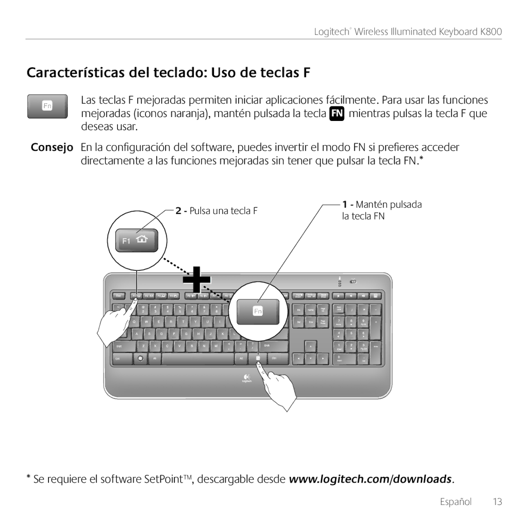 Logitech K800 manual Características del teclado Uso de teclas F 