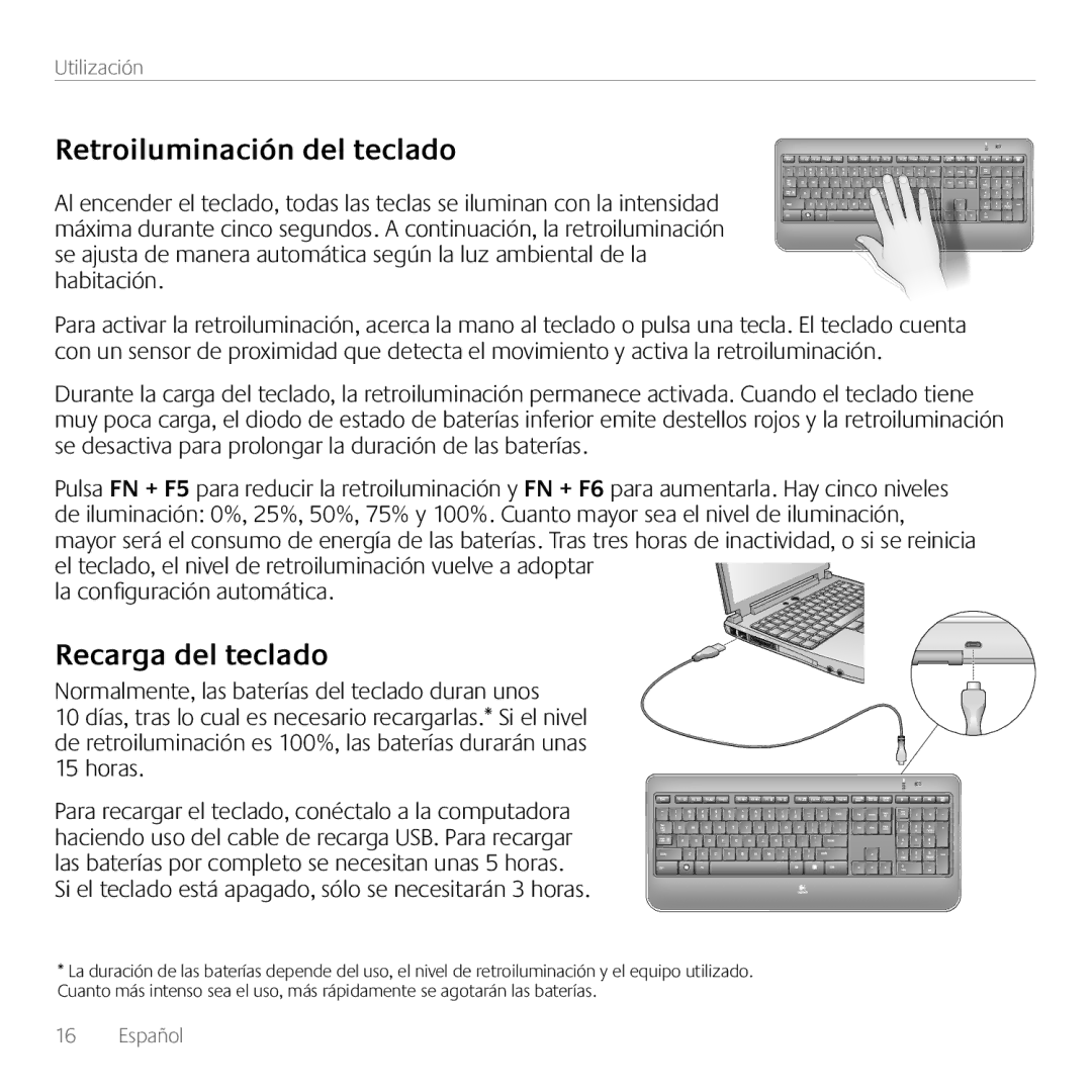 Logitech K800 manual Retroiluminación del teclado, Recarga del teclado 