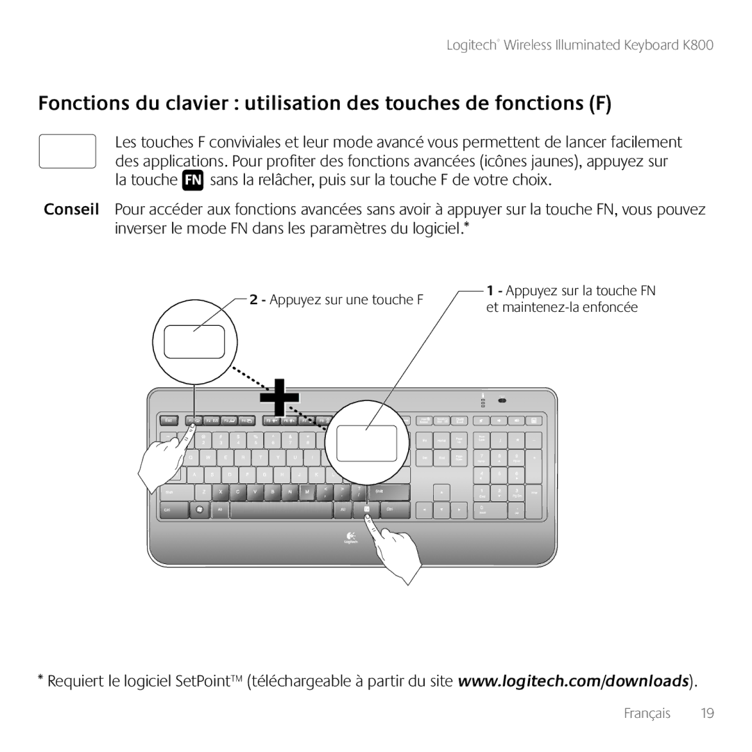 Logitech K800 manual Fonctions du clavier utilisation des touches de fonctions F 