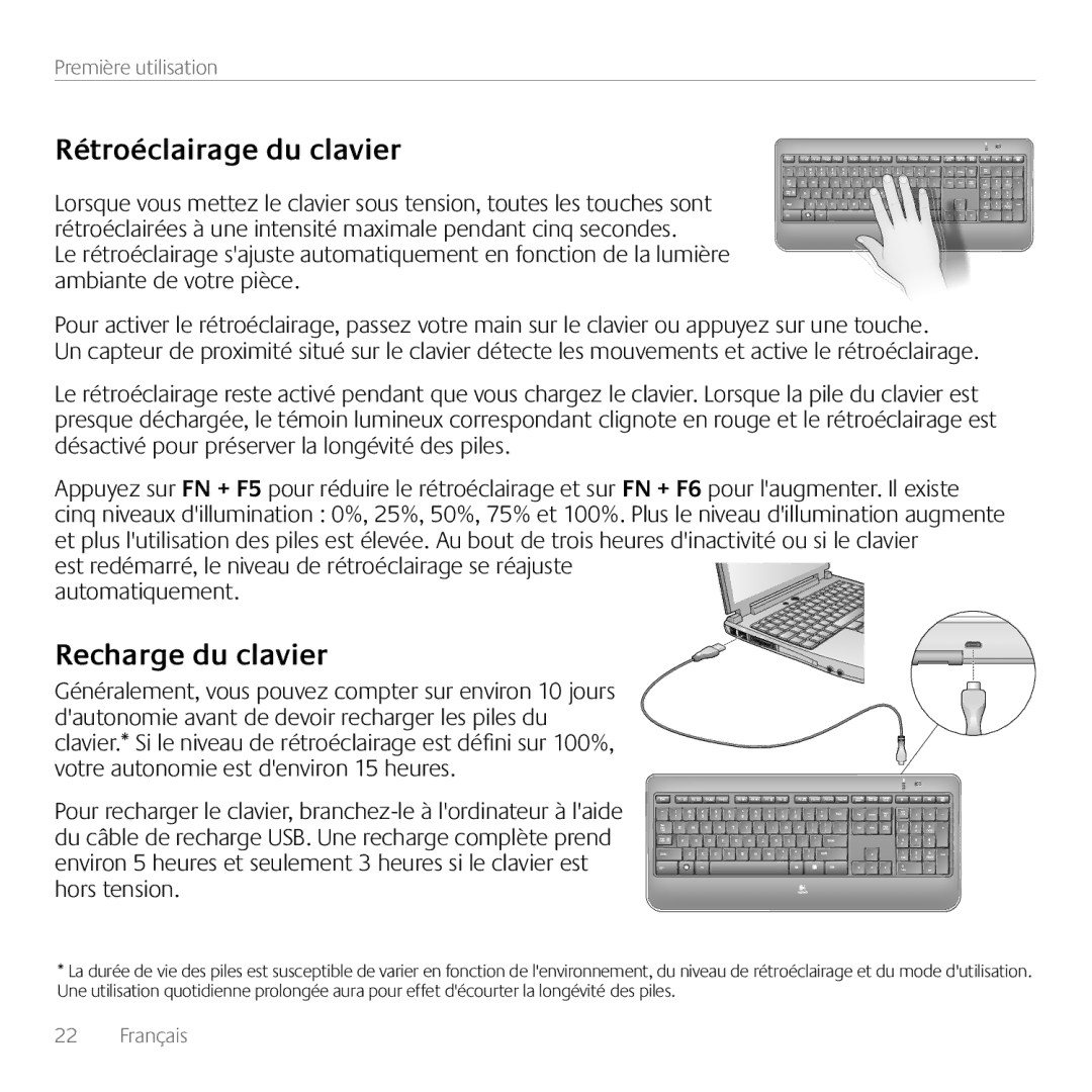 Logitech K800 manual Rétroéclairage du clavier, Recharge du clavier 