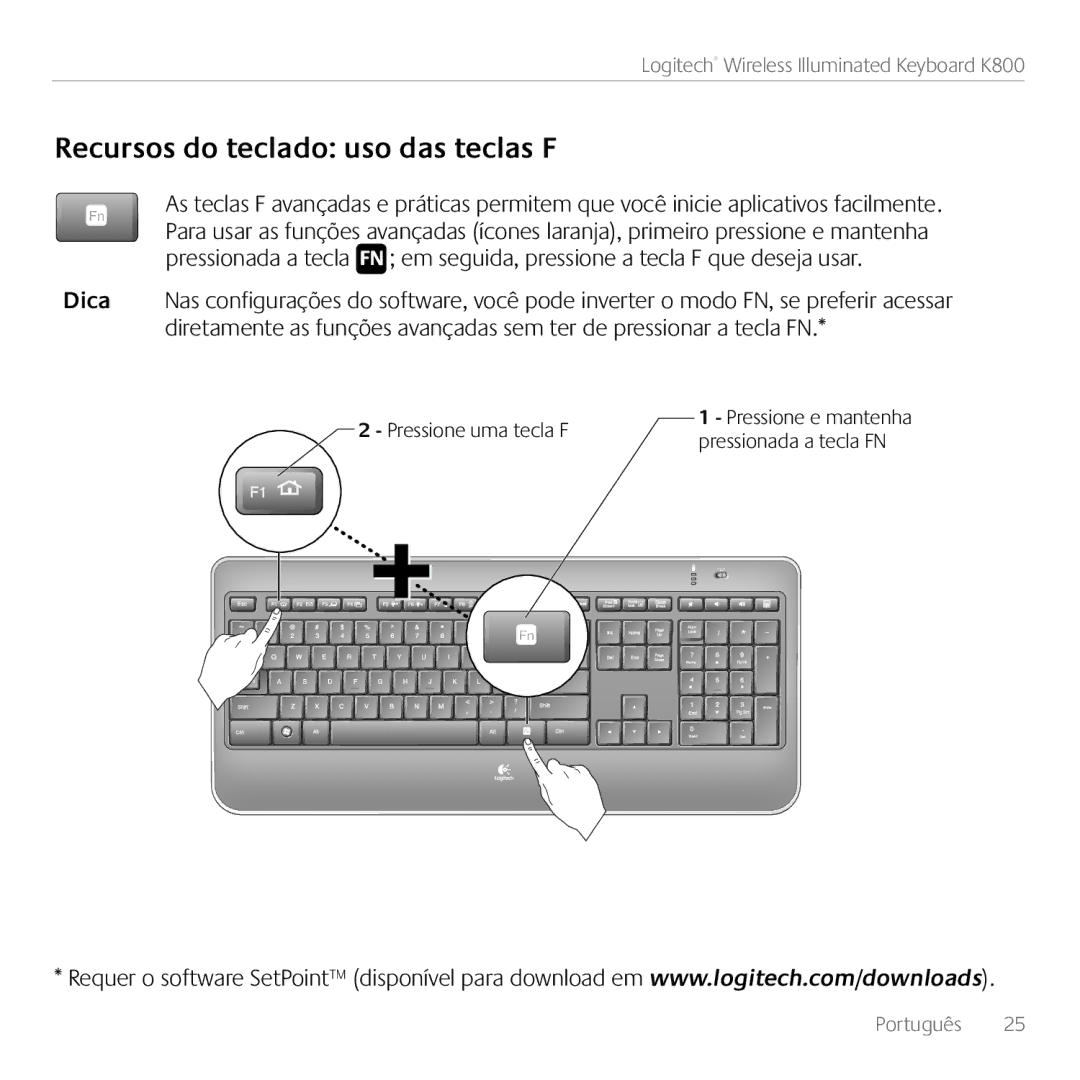 Logitech K800 manual Recursos do teclado uso das teclas F 
