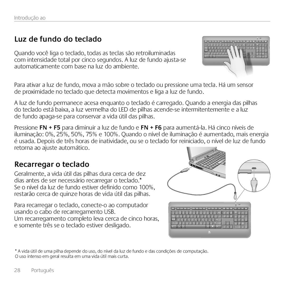 Logitech K800 manual Luz de fundo do teclado, Recarregar o teclado 