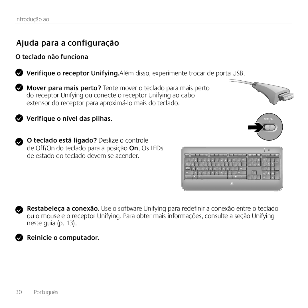 Logitech K800 manual Ajuda para a configuração, Teclado não funciona, Reinicie o computador 