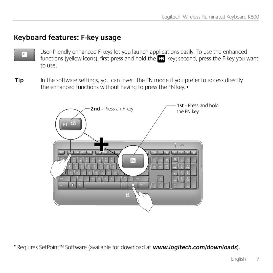 Logitech K800 manual Keyboard features F-key usage 