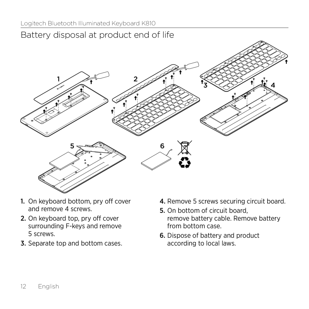 Logitech K810 setup guide Battery disposal at product end of life 