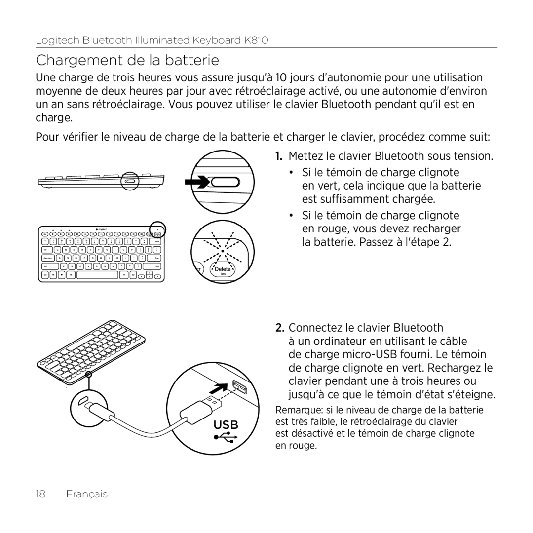 Logitech K810 setup guide Chargement de la batterie 