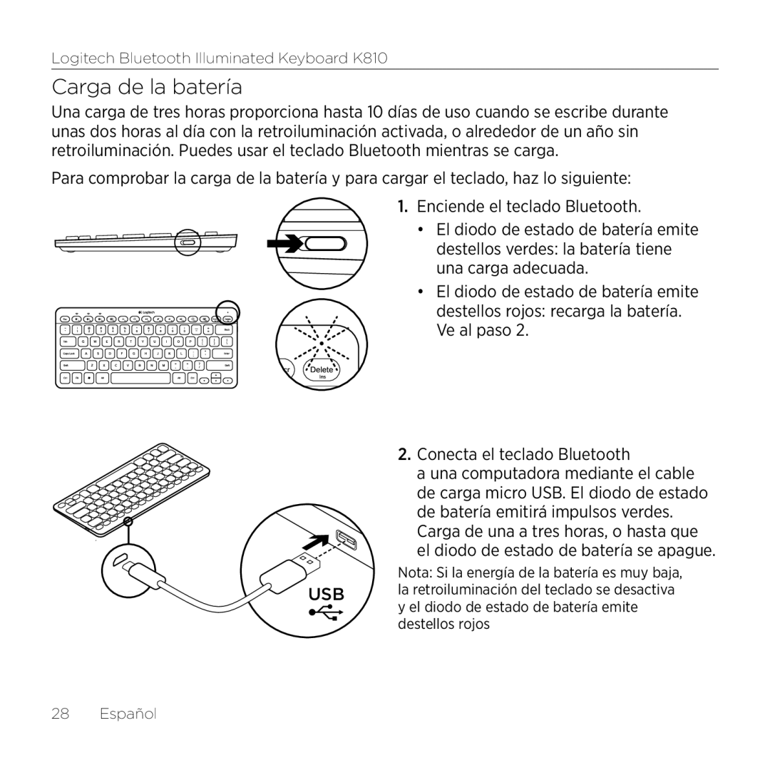 Logitech K810 setup guide Carga de la batería, De batería emitirá impulsos verdes 