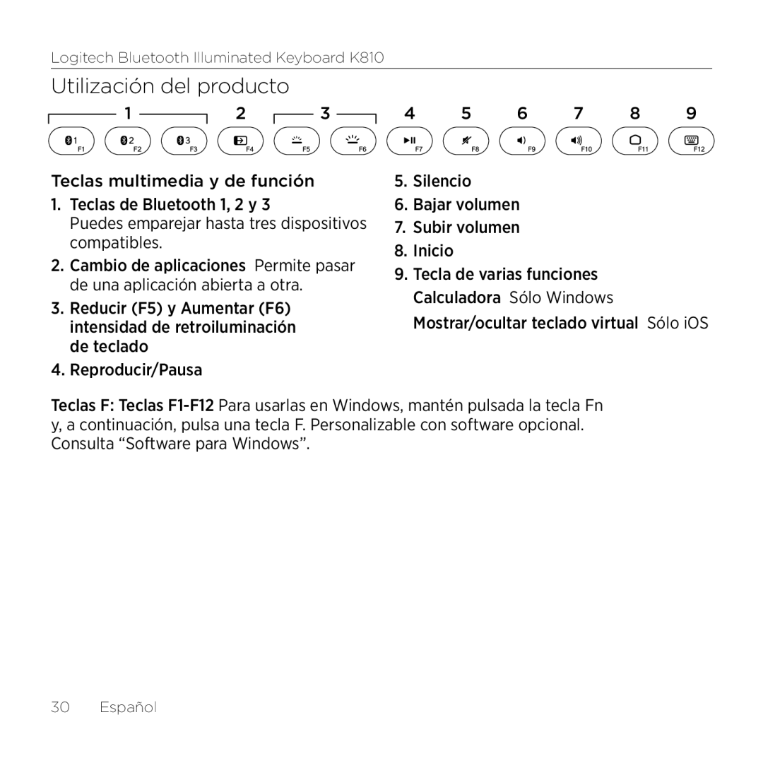 Logitech K810 setup guide Utilización del producto 