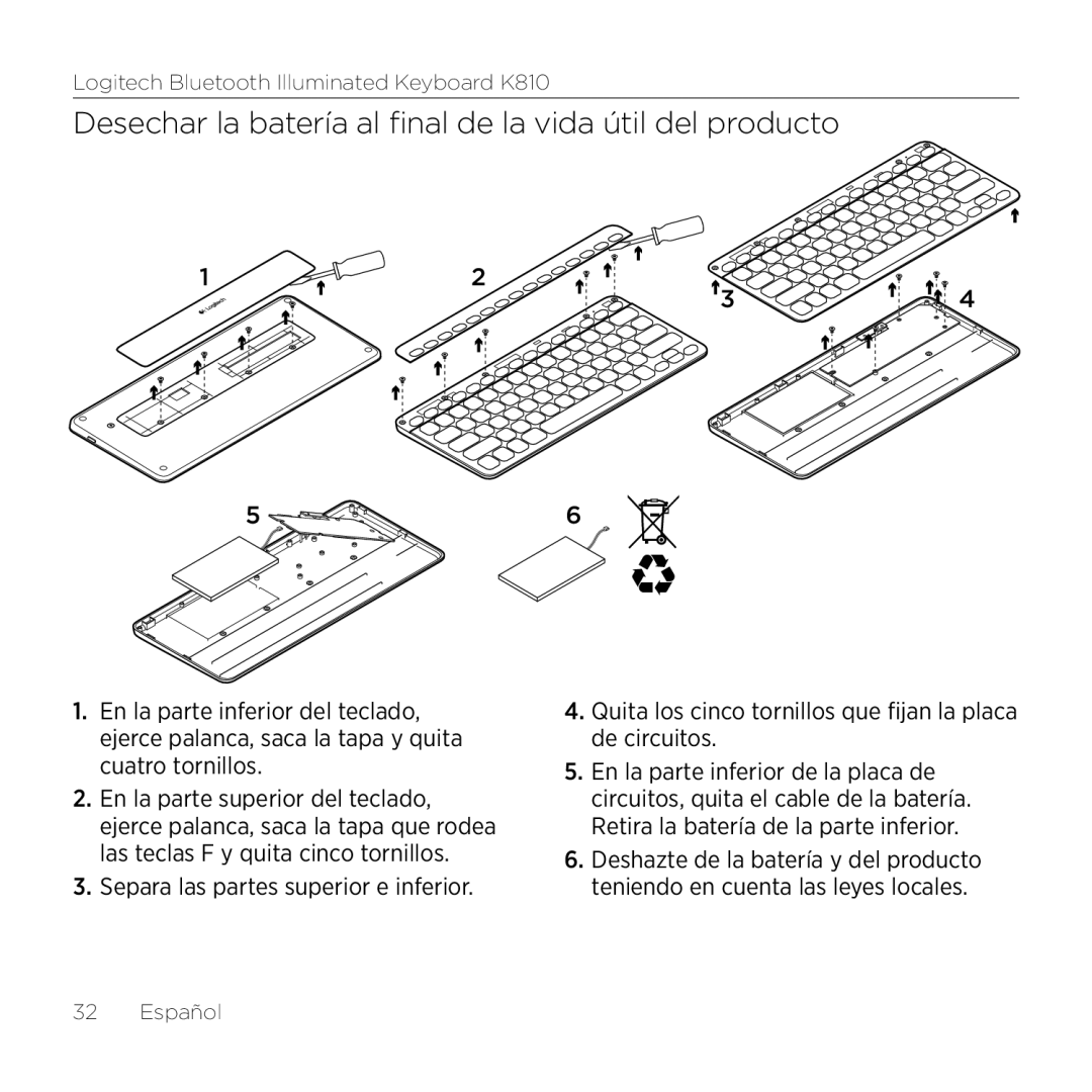 Logitech K810 setup guide Desechar la batería al final de la vida útil del producto 