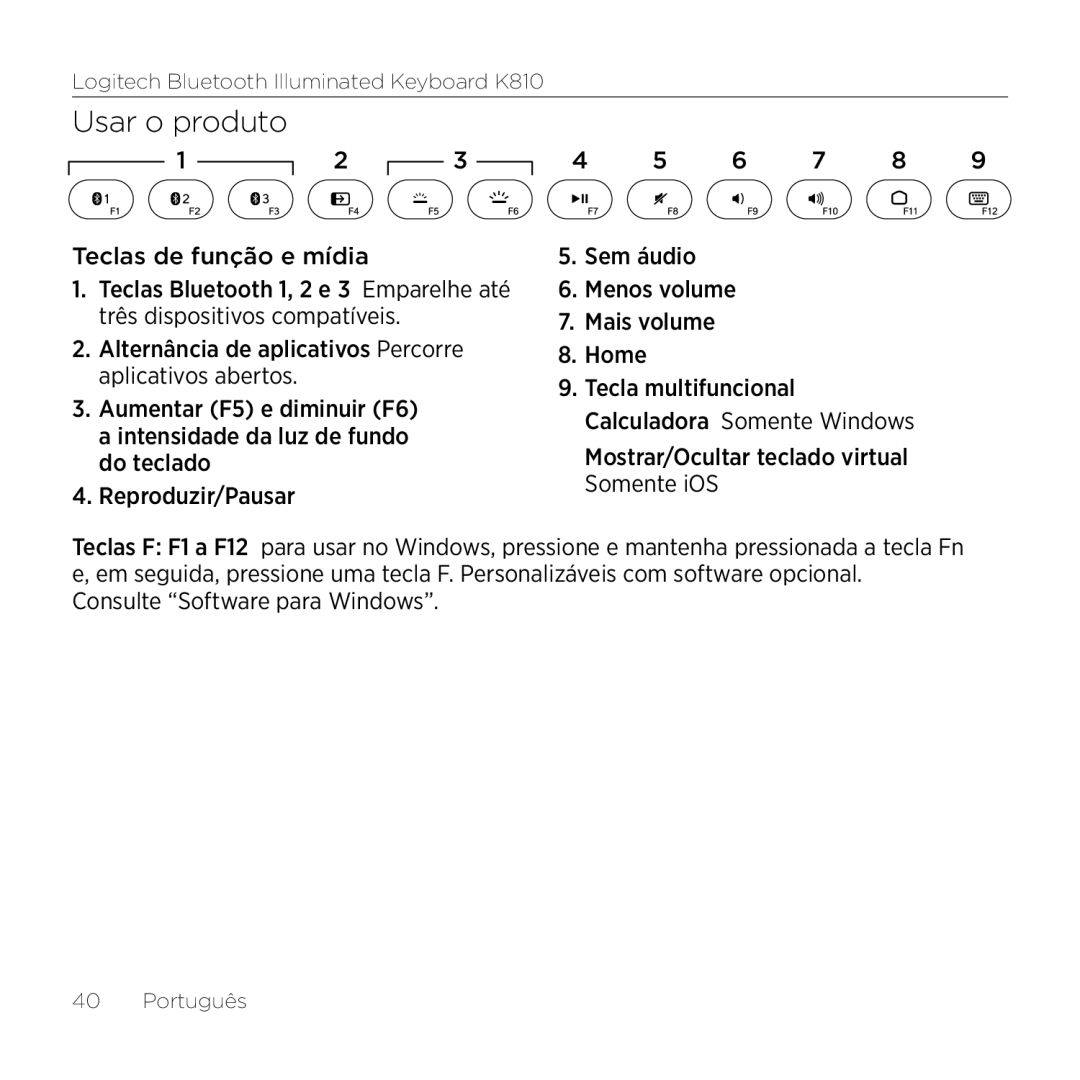 Logitech K810 setup guide Usar o produto 