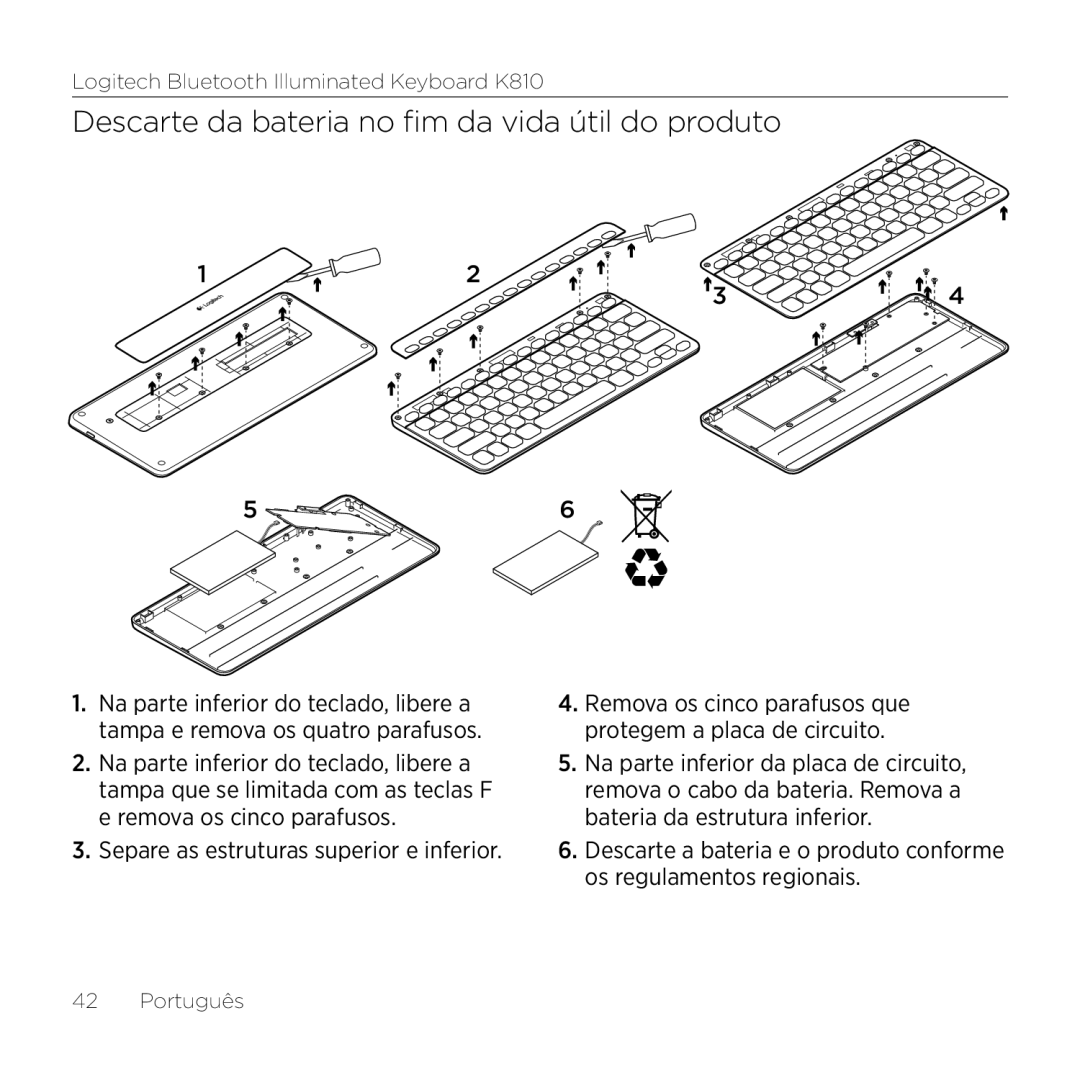 Logitech K810 setup guide Descarte da bateria no fim da vida útil do produto 