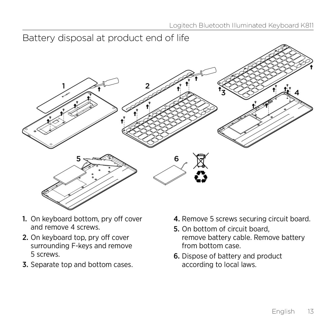 Logitech K811 setup guide Battery disposal at product end of life 