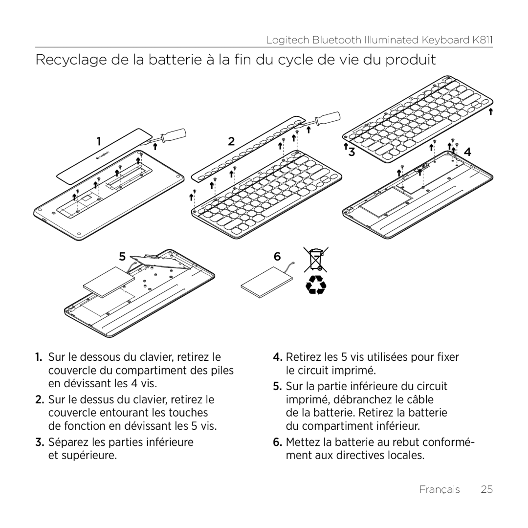 Logitech K811 setup guide Recyclage de la batterie à la fin du cycle de vie du produit 