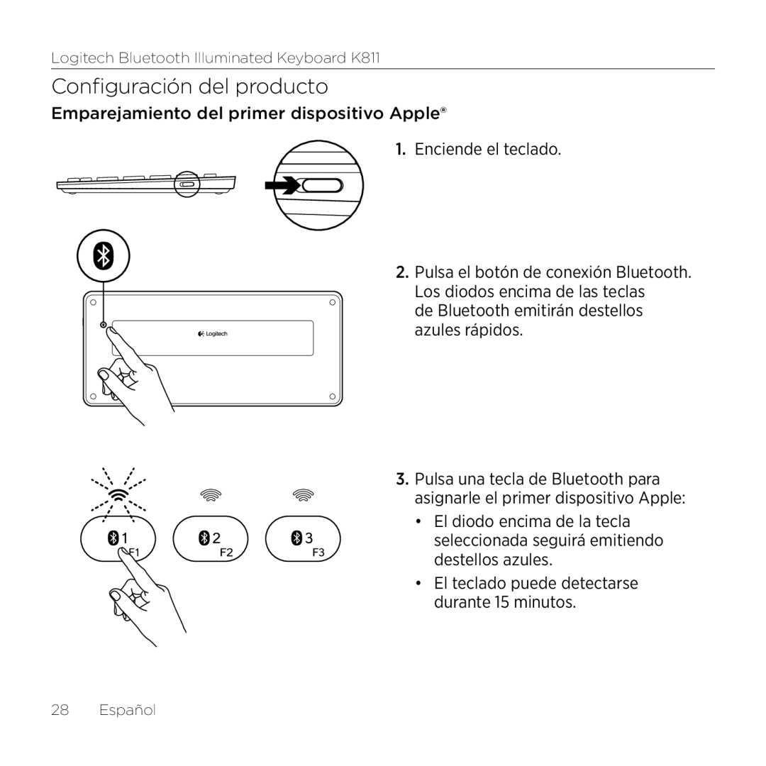 Logitech K811 setup guide Configuración del producto, De Bluetooth emitirán destellos azules rápidos 