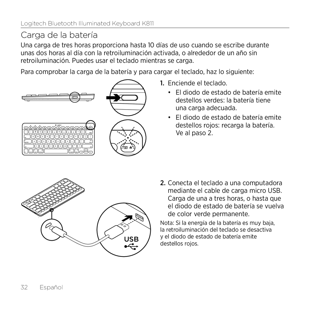 Logitech K811 setup guide Carga de la batería 