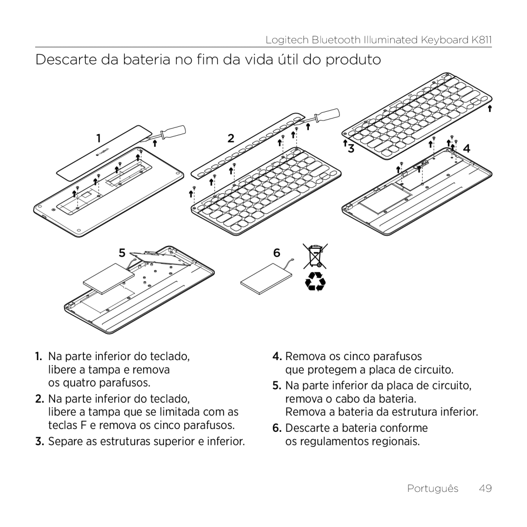 Logitech K811 setup guide Descarte da bateria no fim da vida útil do produto 