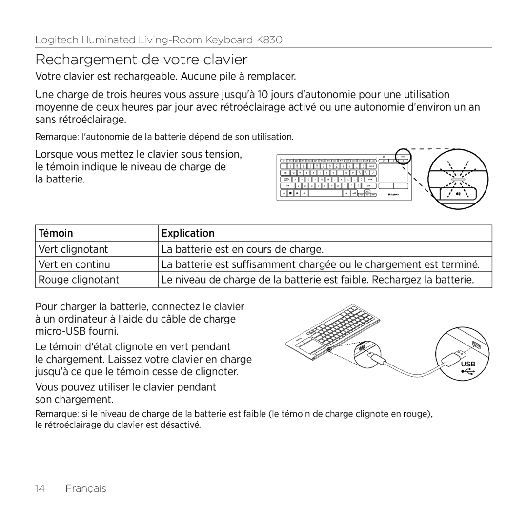 Logitech K830 setup guide Rechargement de votre clavier, Rouge clignotant, Jusquà ce que le témoin cesse de clignoter 