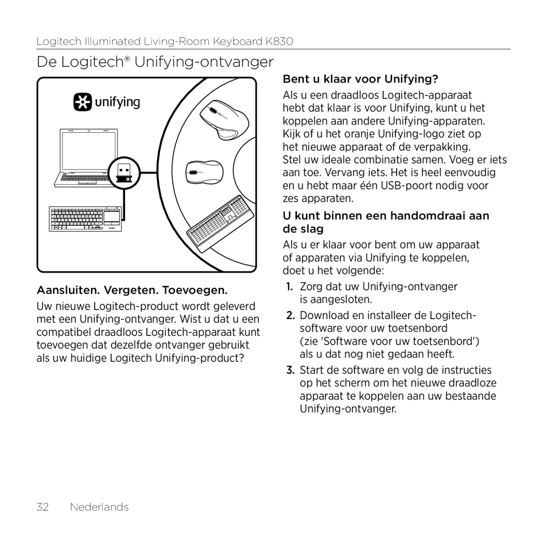 Logitech K830 setup guide De Logitech Unifying-ontvanger, Aansluiten. Vergeten. Toevoegen, Bent u klaar voor Unifying? 