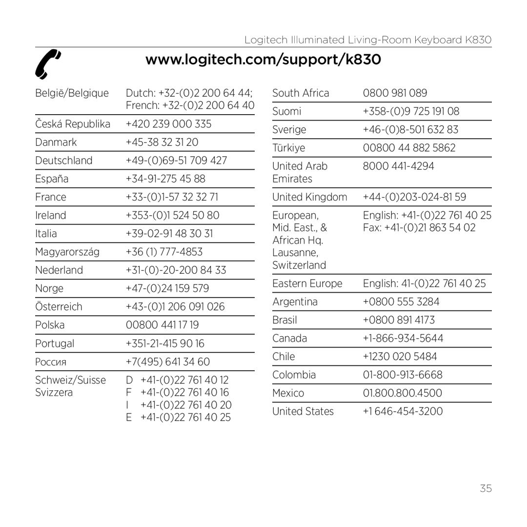 Logitech K830 +420 239 000, +44-0203-024-81, European, Mid. East, African Hq Lausanne Switzerland Eastern Europe 