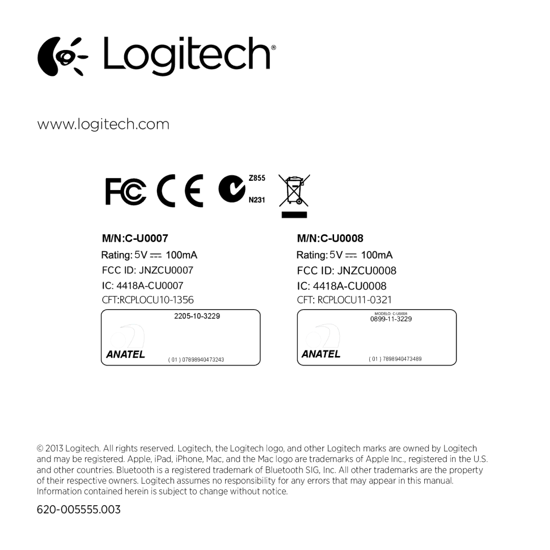 Logitech K830 setup guide 620-005555.003, NC-U0008 