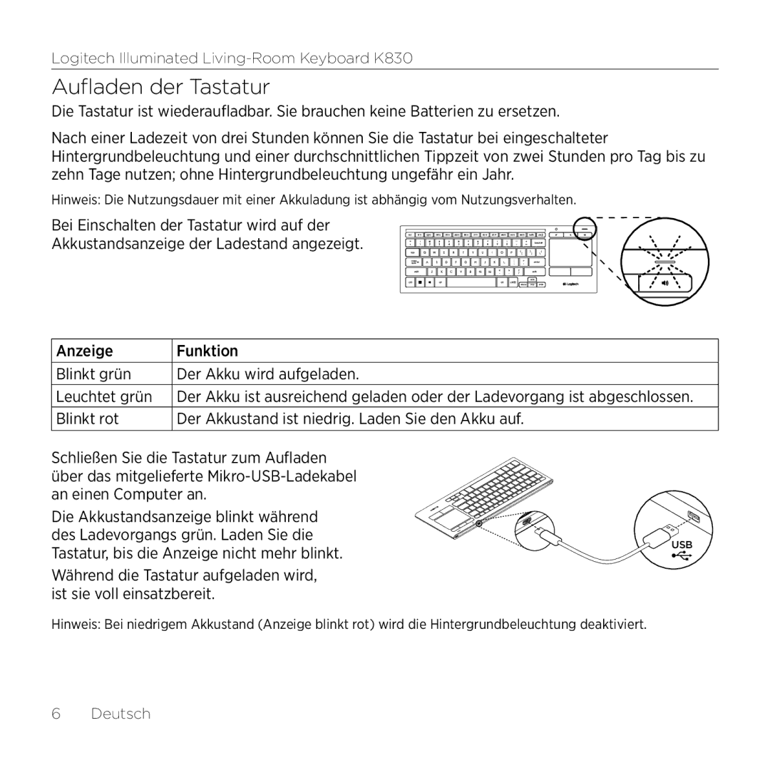 Logitech K830 setup guide Aufladen der Tastatur, Tastatur, bis die Anzeige nicht mehr blinkt 