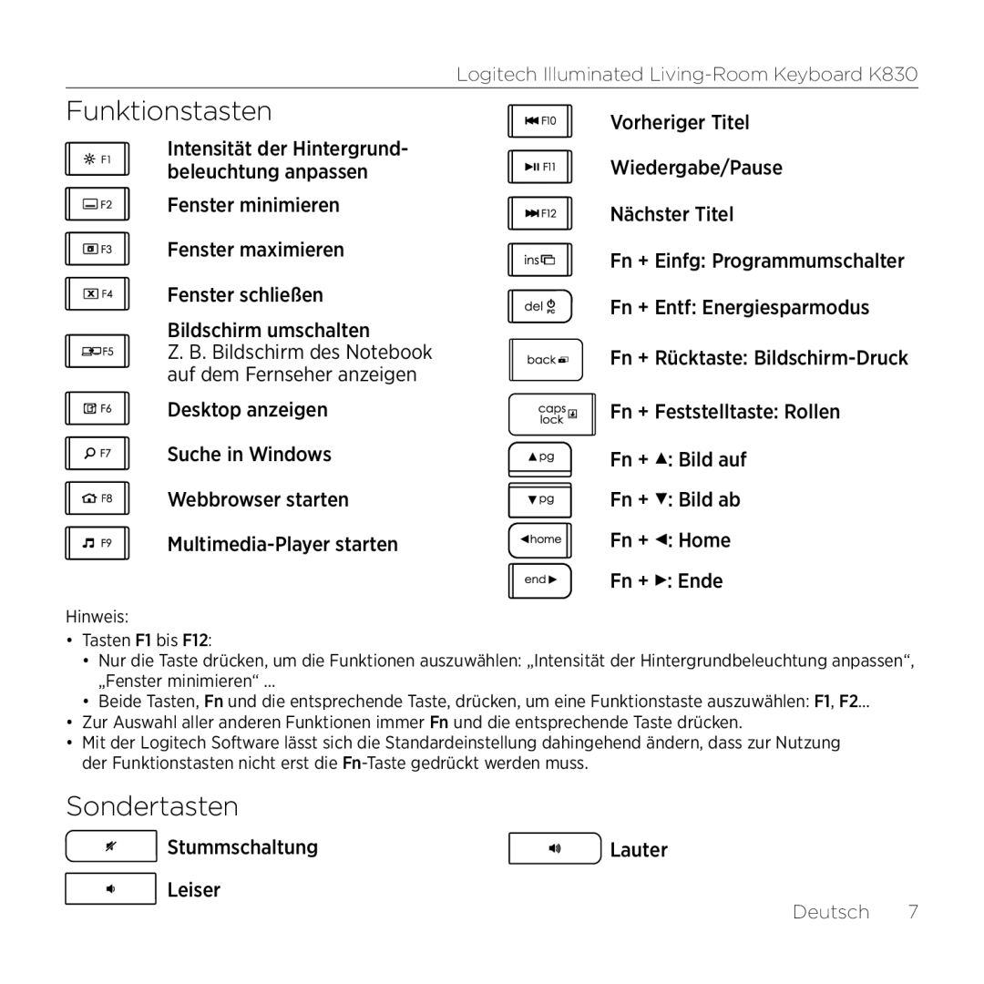 Logitech K830 setup guide Funktionstasten, Sondertasten, Stummschaltung, Leiser 