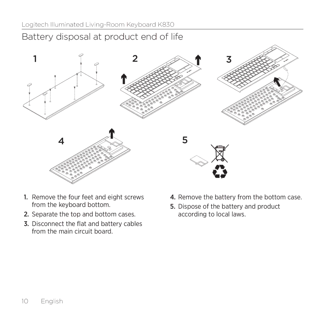 Logitech K830 setup guide Battery disposal at product end of life 