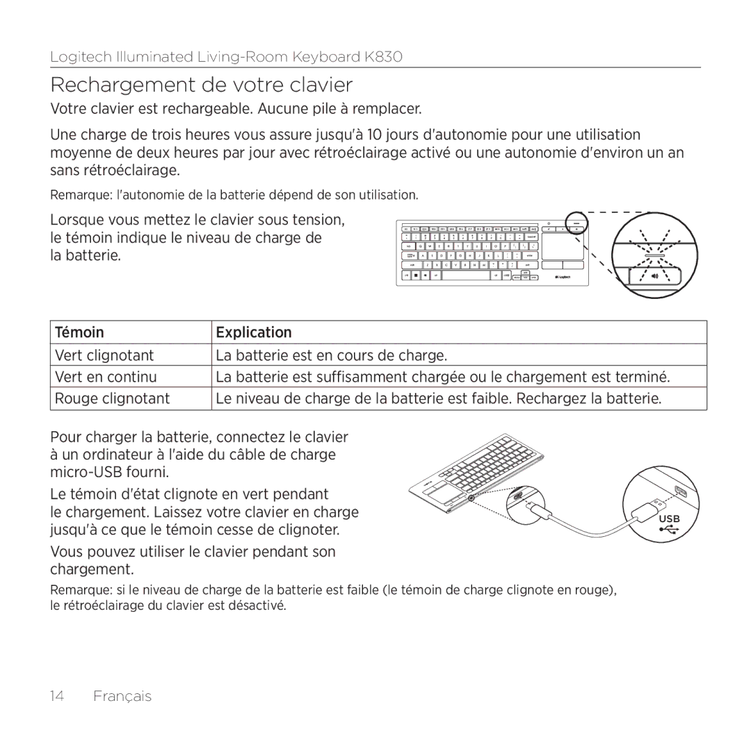 Logitech K830 setup guide Rechargement de votre clavier, Rouge clignotant, Jusquà ce que le témoin cesse de clignoter 