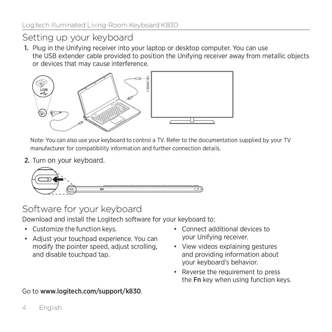 Logitech K830 setup guide Setting up your keyboard, Software for your keyboard 