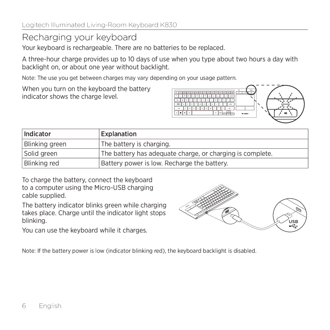 Logitech K830 setup guide Recharging your keyboard, You can use the keyboard while it charges 