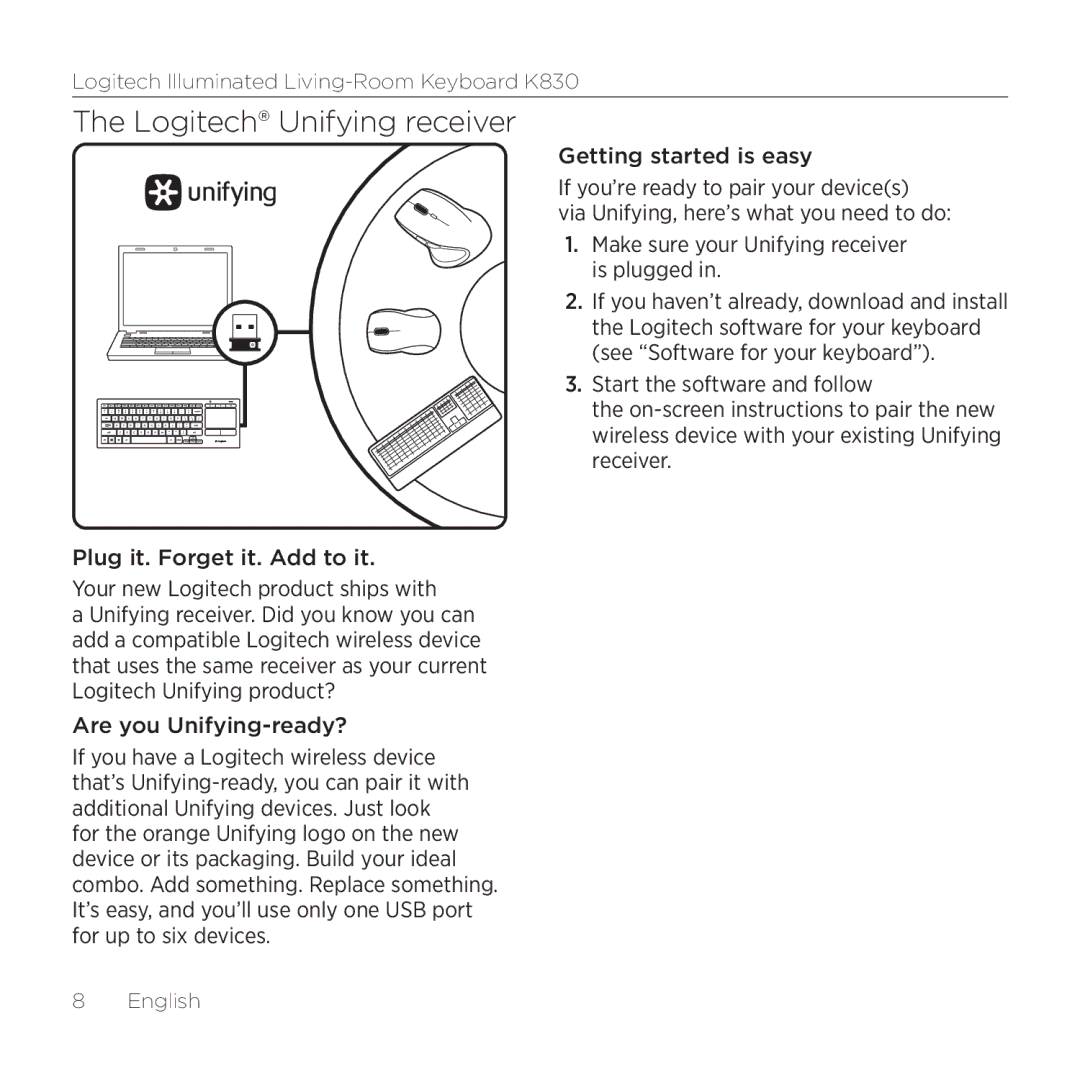 Logitech K830 setup guide Logitech Unifying receiver 