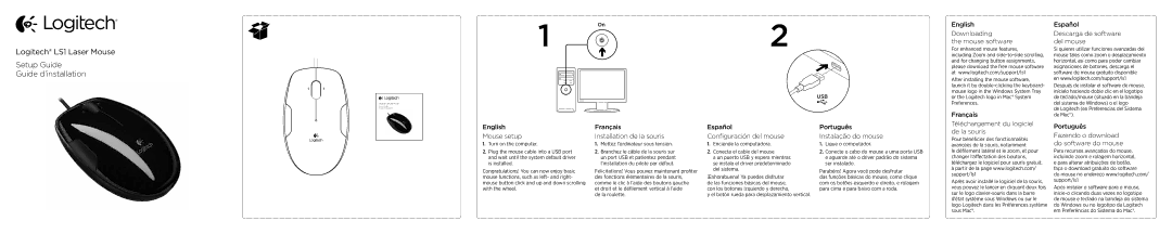 Logitech LS1 setup guide English Downloading Mouse software, Français Español Descarga de software del mouse 