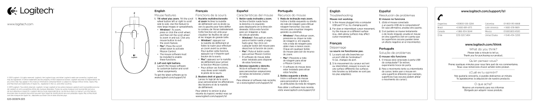 Logitech LS1 English Mouse features, Français Fonctions de la souris, Español Características del mouse, Que acha? 