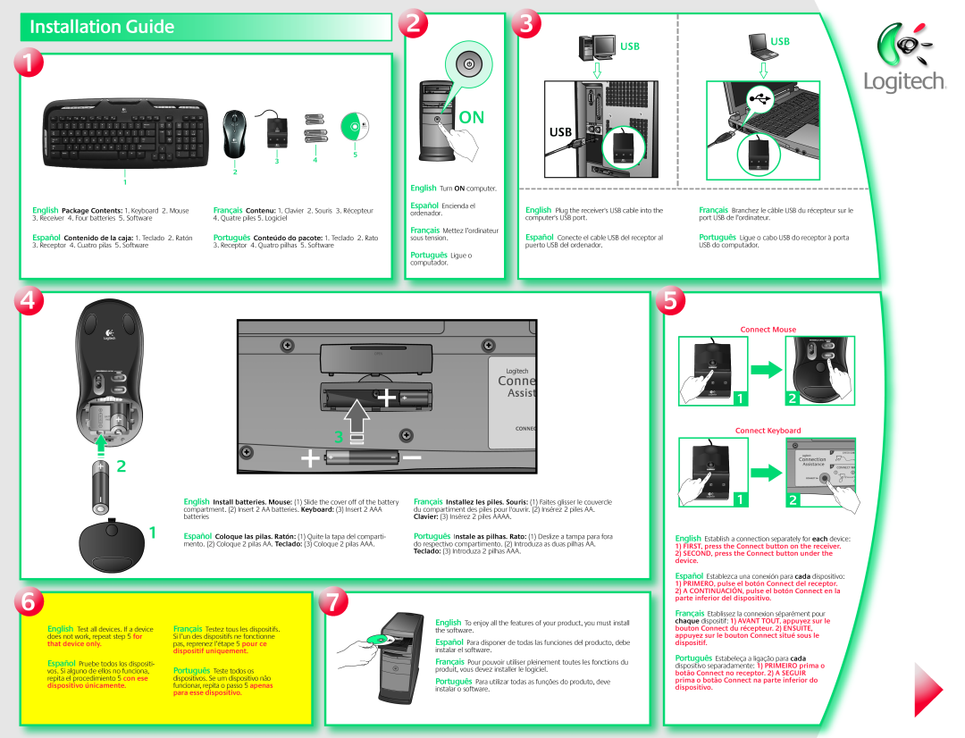Logitech LX310 manual Español, Português Ligue o, Installation Guide, Connect Mouse, Connect Keyboard 