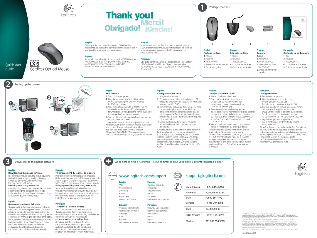 Logitech LX6 quick start Package contents, Contenu, Deux piles alcalines, Mouse setup, Turn off the computer 