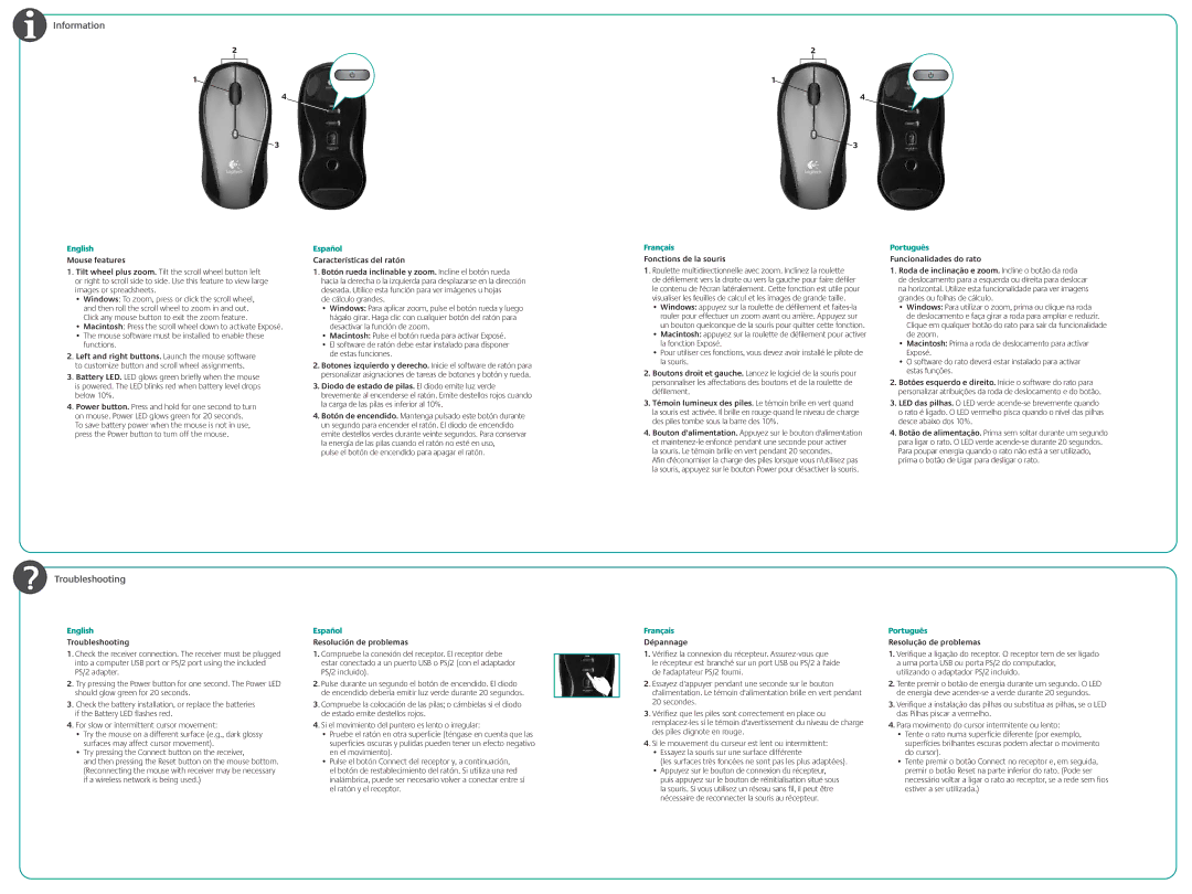 Logitech LX6 Mouse features, Características del ratón, Fonctions de la souris, Troubleshooting, Resolución de problemas 