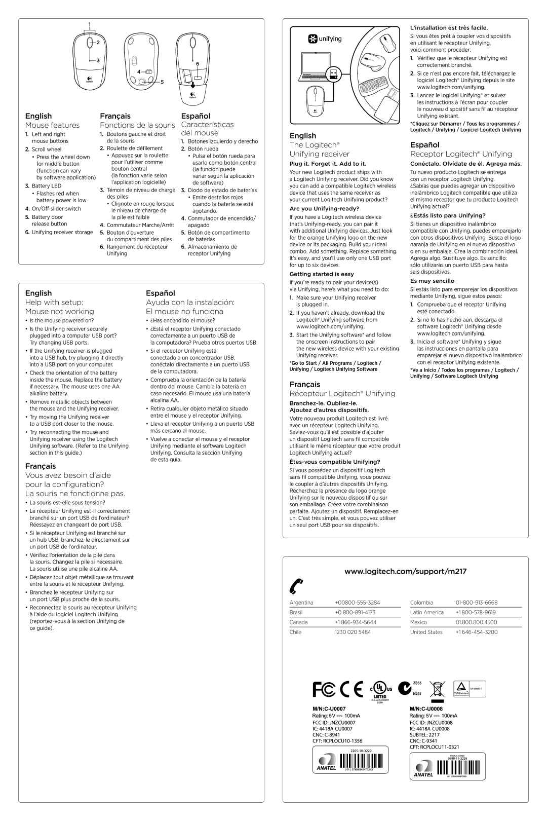 Logitech M217 setup guide English Mouse features, Français Fonctions de la souris, Español Características del mouse 