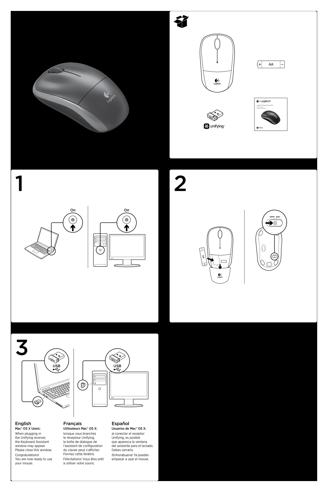 Logitech setup guide Logitech Wireless Mouse M217 Setup Guide Guide d’installation, English, Français, Español 