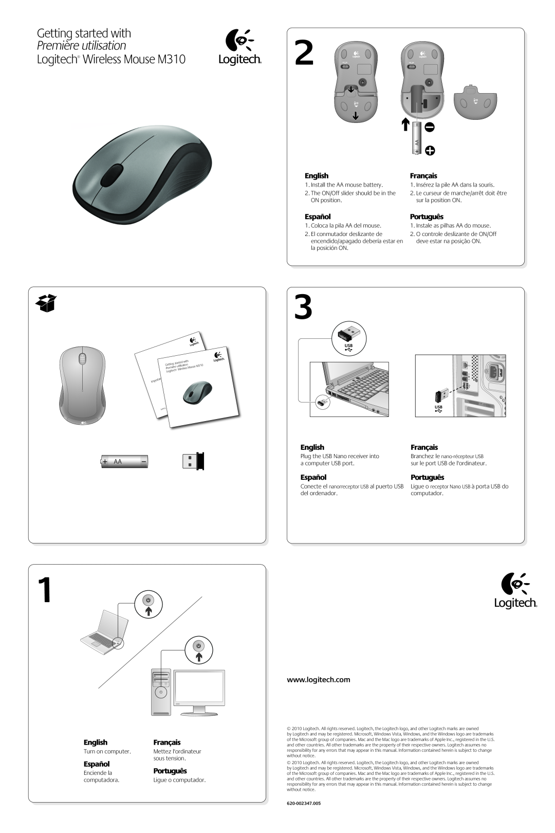 Logitech warranty Getting started with, Première utilisation, Logitech Wireless Mouse M310, English, Français, Español 