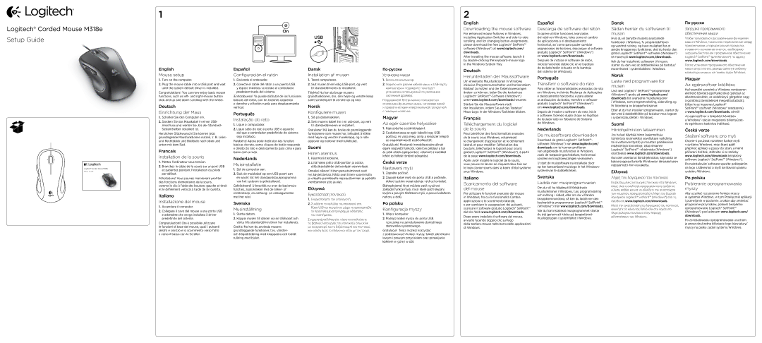 Logitech M318e setup guide English Mouse setup, Deutsch Einrichtung der Maus, Français Installation de la souris 