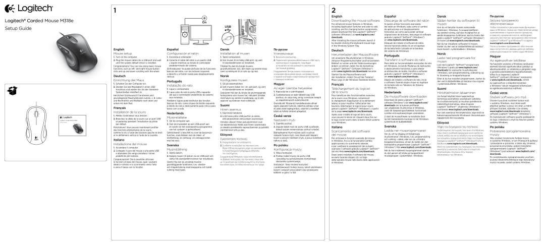 Logitech setup guide Ελληνικά, По-русски, Logitech Corded Mouse M318e Setup Guide 