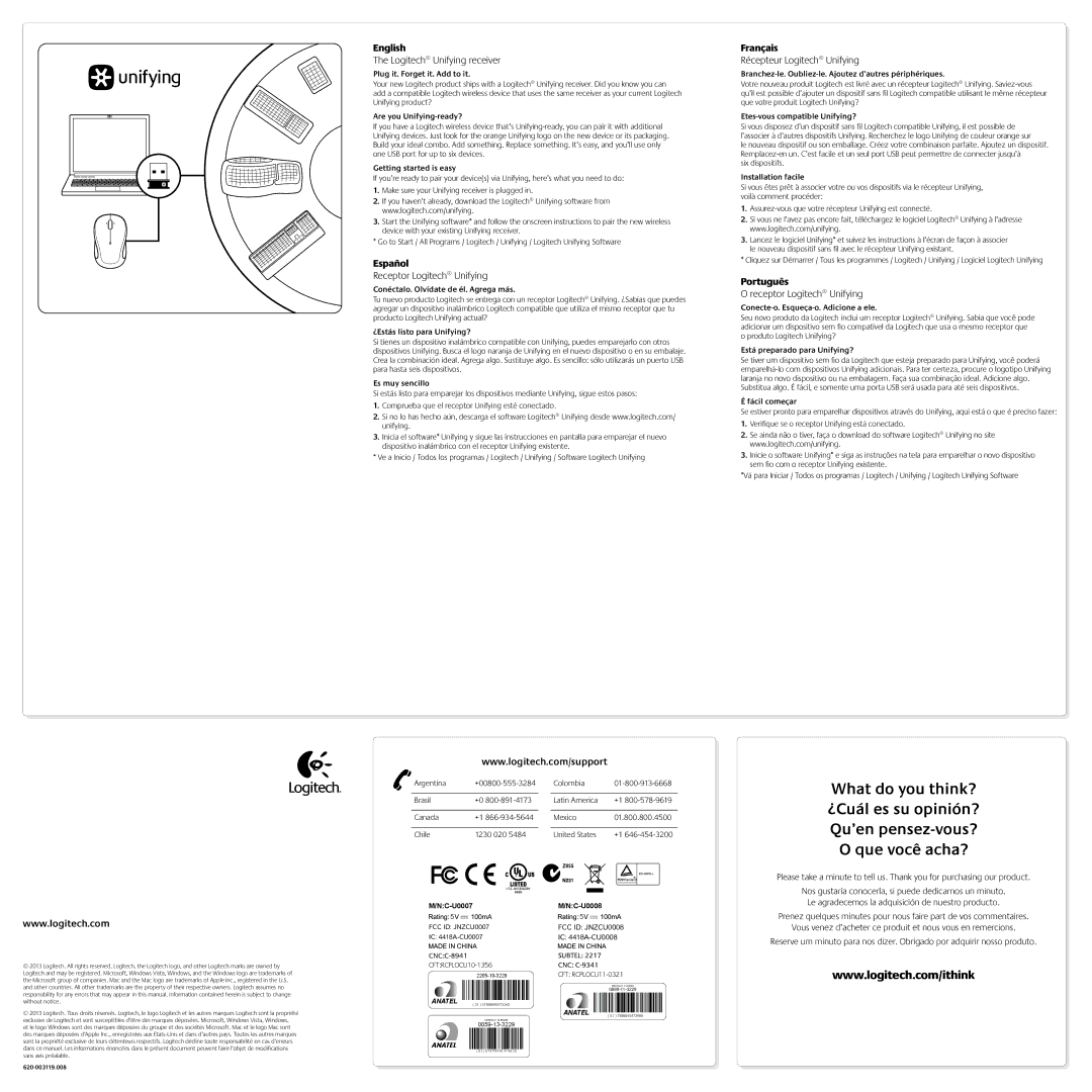 Logitech M325 manual Logitech Unifying receiver, Receptor Logitech Unifying, Récepteur Logitech Unifying 