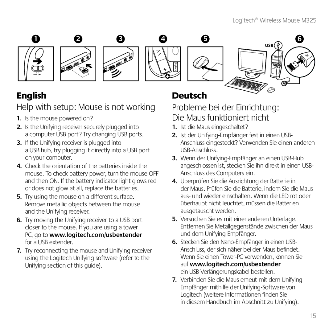 Logitech M325 manual Help with setup Mouse is not working, Probleme bei der Einrichtung Die Maus funktioniert nicht 