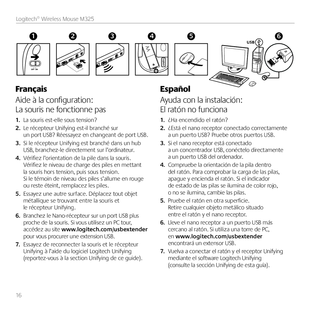 Logitech M325 manual Aide à la configuration La souris ne fonctionne pas, Ayuda con la instalación El ratón no funciona 