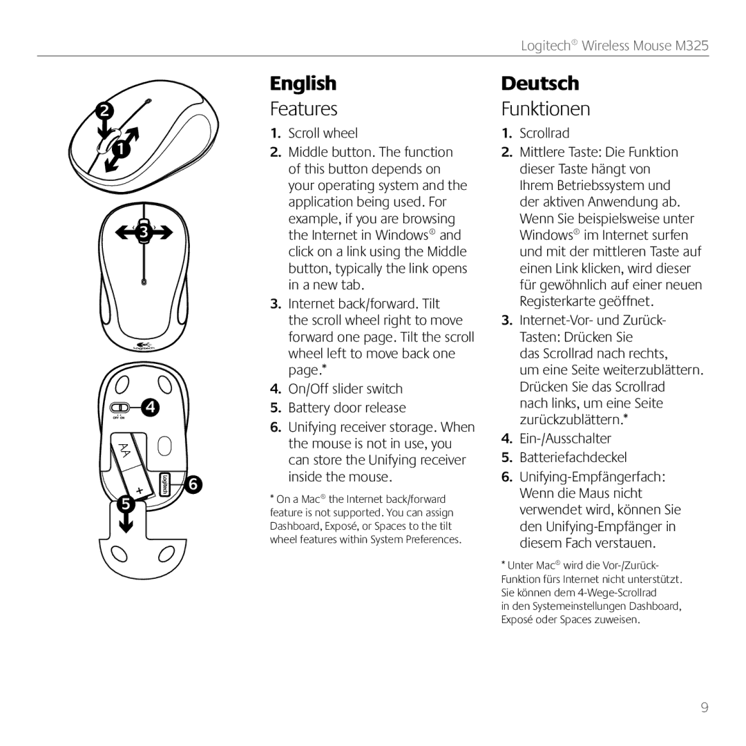 Logitech M325 manual Features, Funktionen, Scroll wheel, Scrollrad 