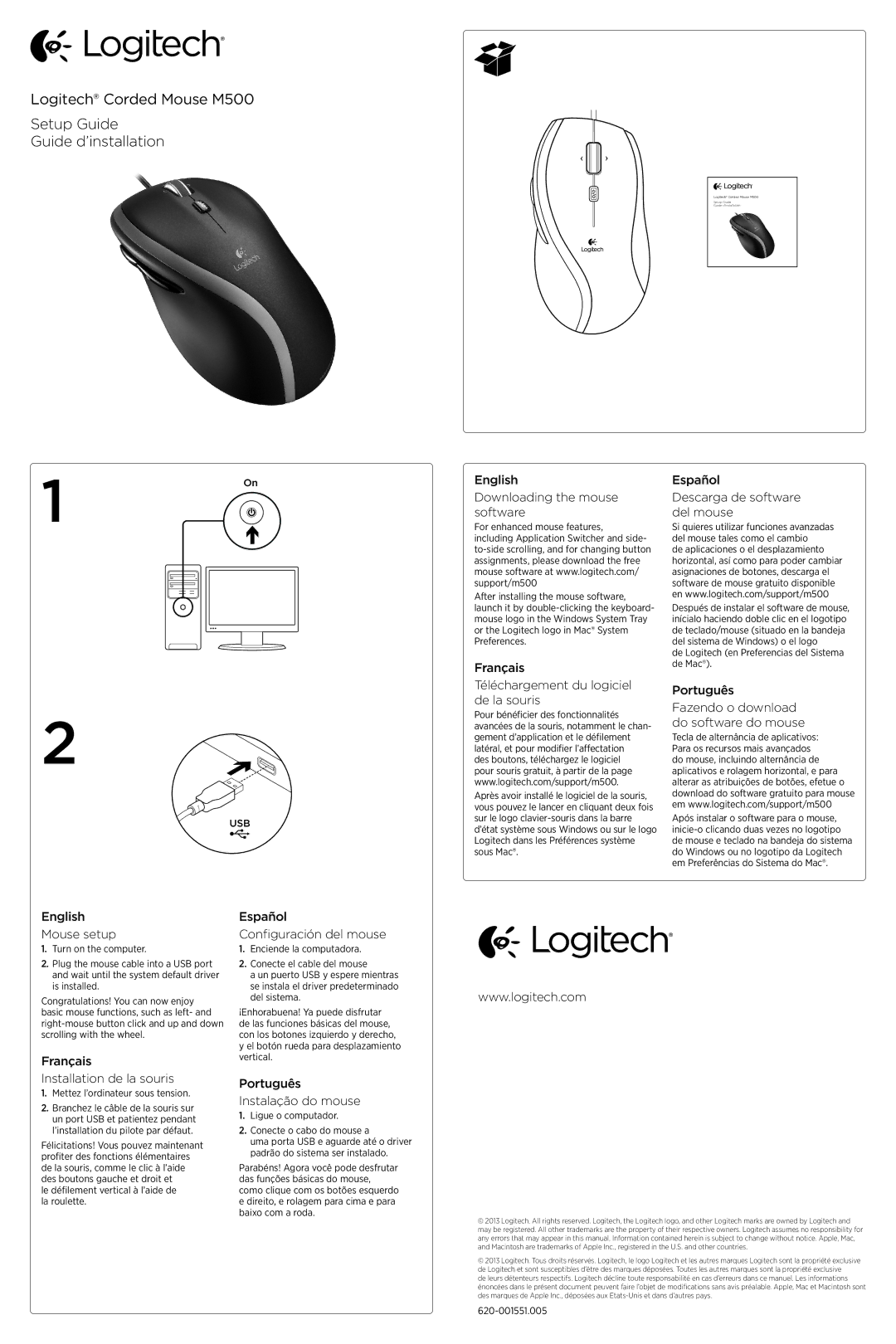 Logitech M500 setup guide English Downloading the mouse software, Français Téléchargement du logiciel de la souris 