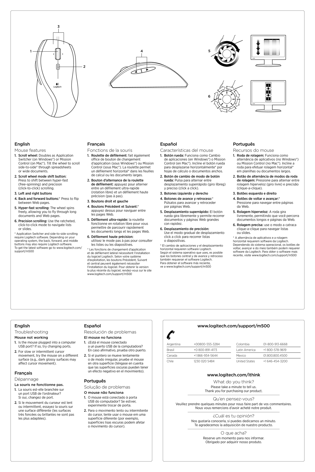 Logitech M500 English Mouse features, Français Fonctions de la souris, Español Características del mouse, Que acha? 