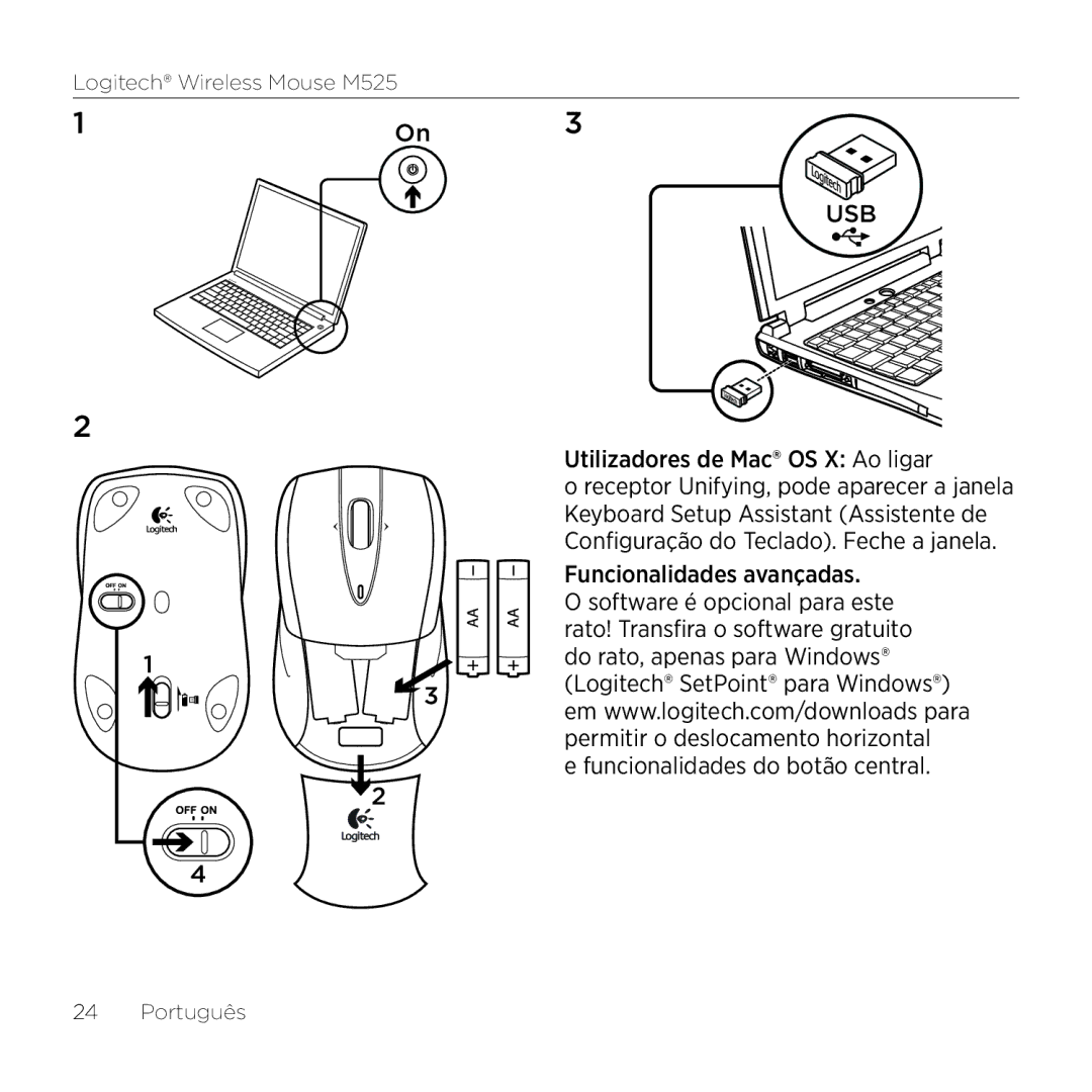 Logitech M525 manual Utilizadores de Mac OS X Ao ligar, Funcionalidades avançadas Funcionalidades do botão central 