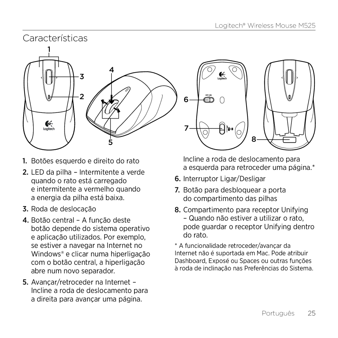 Logitech M525 manual Botão para desbloquear a porta do compartimento das pilhas 